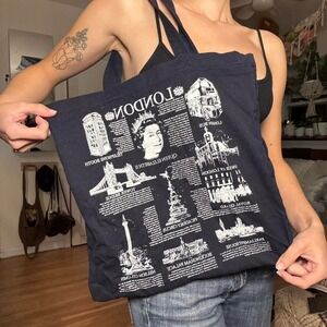 London Souvenir Tote Bag Navy Blue Queen Elizabeth II Landmarks Graphic Canvas